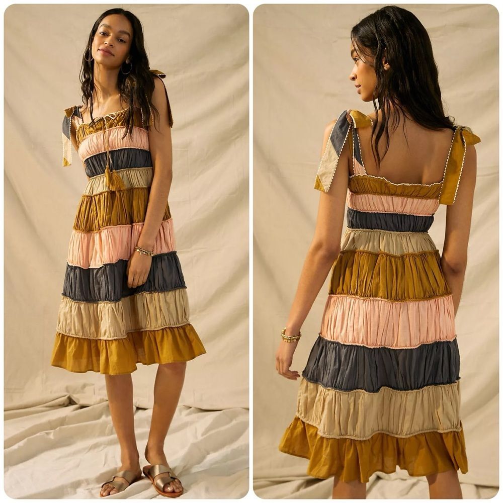 Anthropologie Tiered Sundress in Mustard, Blush, Charcoal, and Taupe